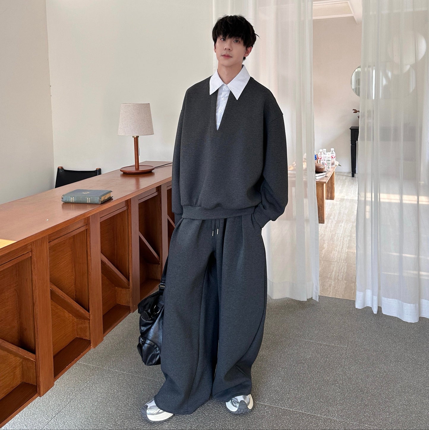 Fake Layered Sweatshirt & Wide Leg Pants Setup WN25192