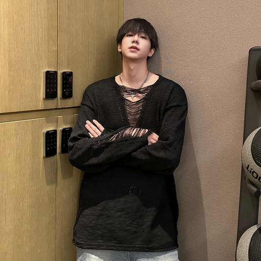 Grunge Deep V-Neck Long Sleeve T-Shirt WN25343