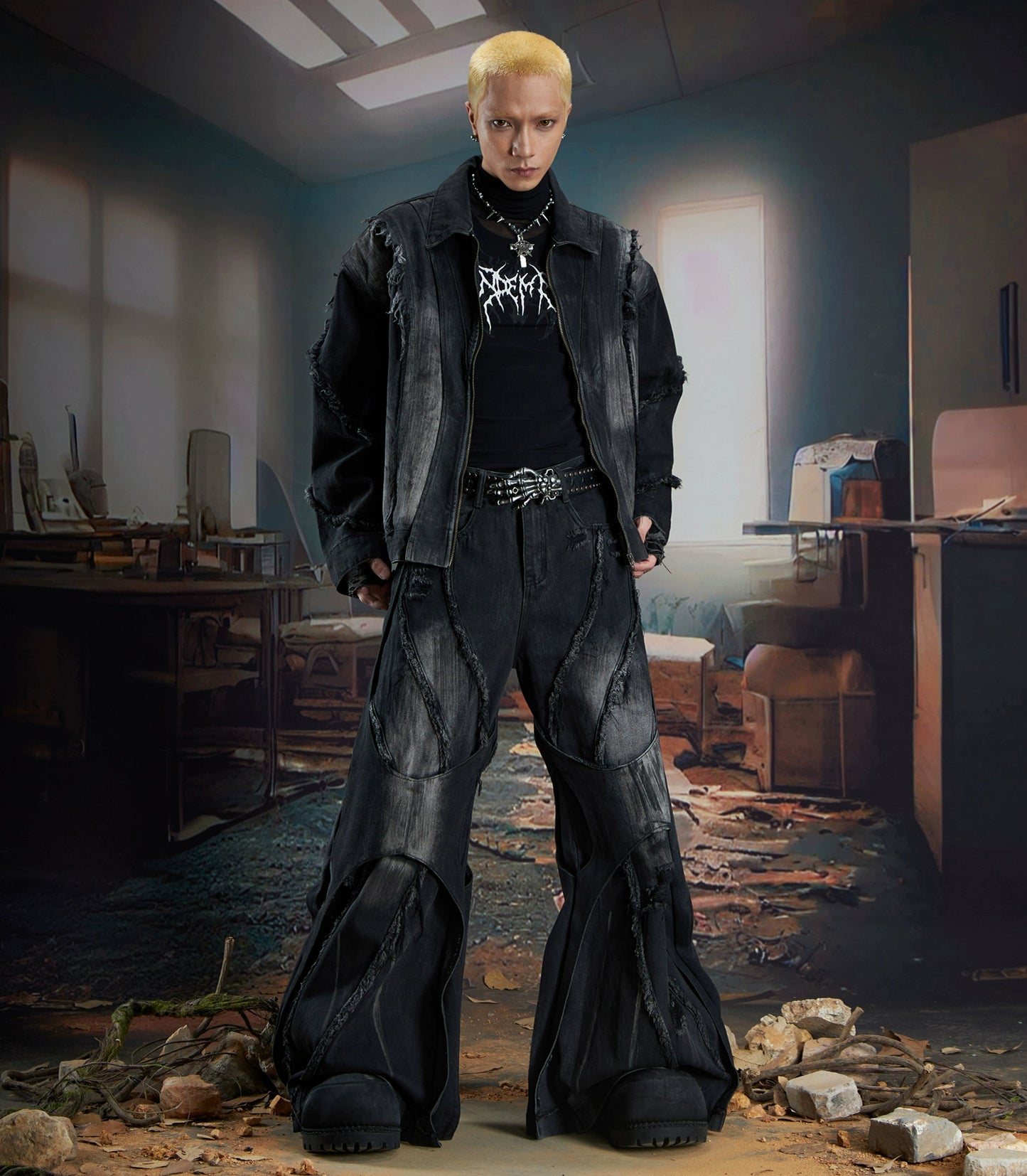 Washed Ribbon Splicing Denim Jacket & Flare Cargo Denim Jeans Setup WN21338