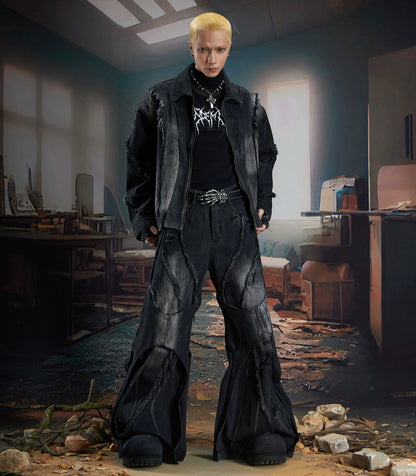 Washed Ribbon Splicing Denim Jacket & Flare Cargo Denim Jeans Setup WN21338