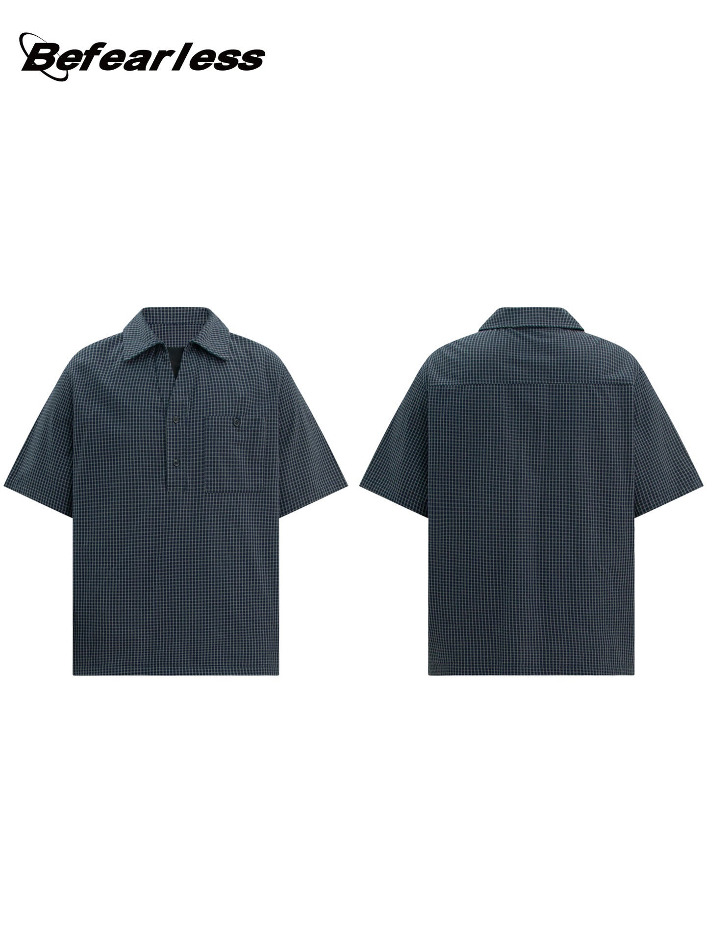 Plaid Fake Layered Half-Placket Polo Collar Pocket Short Sleeve Shirt WN26347