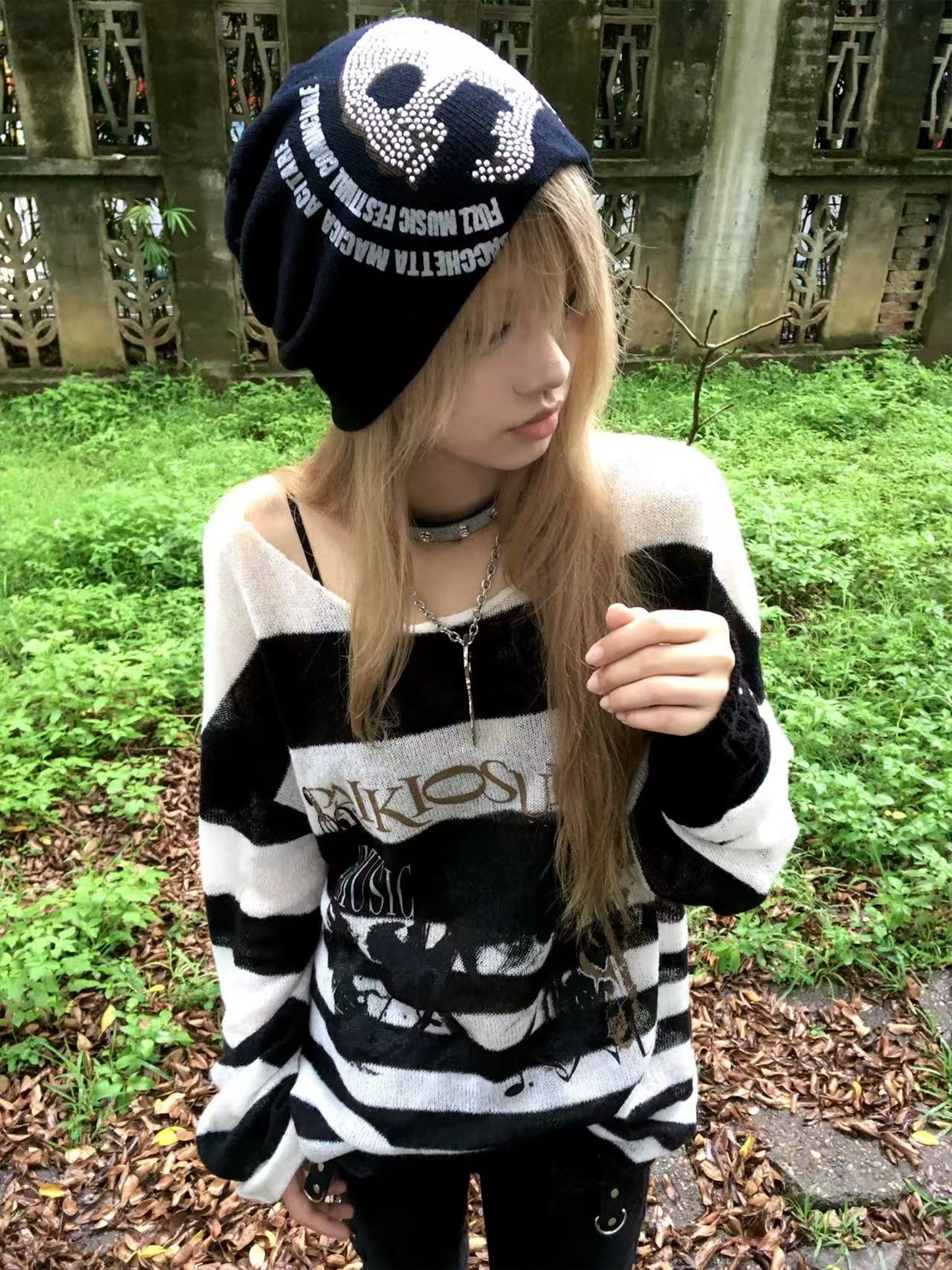 Graphic Letter Print Stripe Knit Sweater WN20897