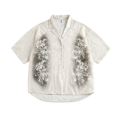 Graffiti Lace Cutout Short Sleeve Shirt WN16181