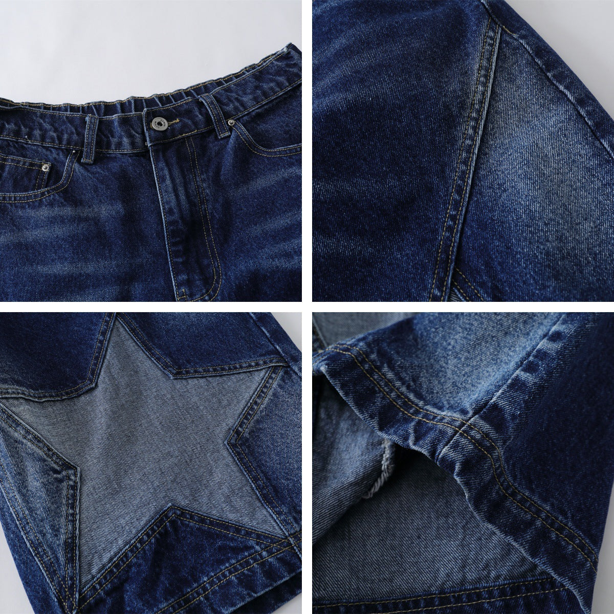 Washed Damage Star Patchwork Knee-Length Denim Jeans WN26810