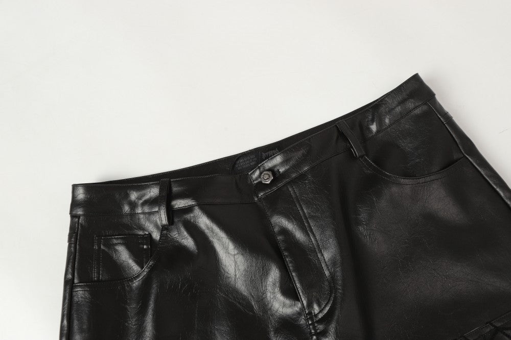 Shoulder-Pad Spider Web PU Leather Jacket Wide Leg Pants Setup WN27913