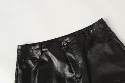 Shoulder-Pad Spider Web PU Leather Jacket Wide Leg Pants Setup WN27913