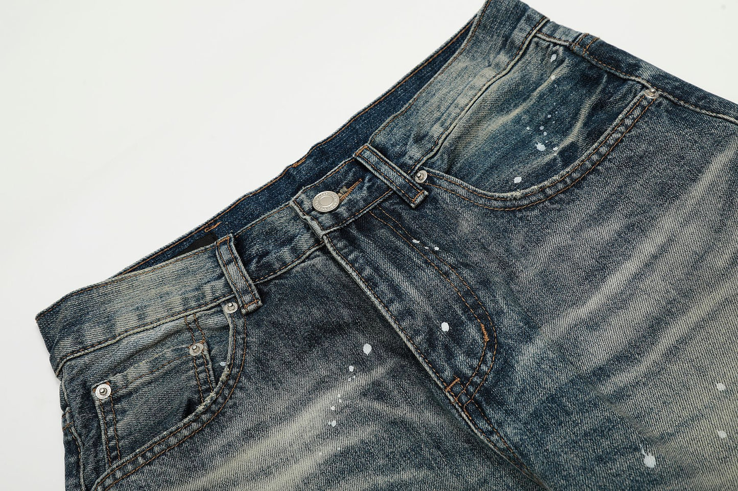 Washed Whisker Paint Splatter Curved Denim Jeans WN26141