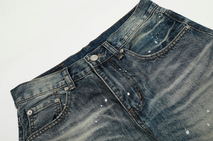 Washed Whisker Paint Splatter Curved Denim Jeans WN26141