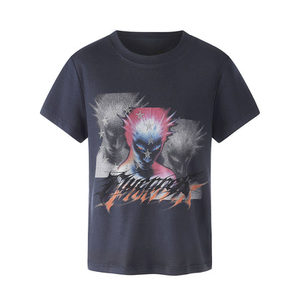 Multi-Portrait Print Washed Cropped Short Sleeve T-Shirt WN27431