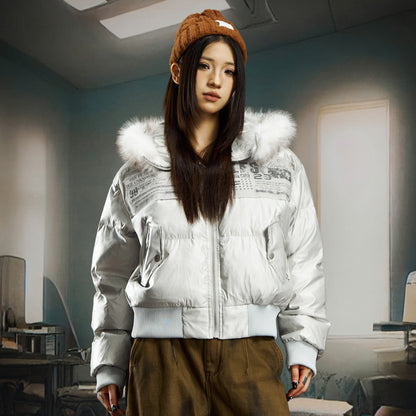 Patchwork Fur Collar Cropped Hooded Short Puffer Jacket WN22757