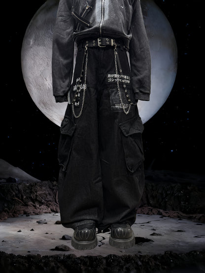 Patch Logo Cargo Wide Leg Denim Jeans & Skull Belt & Belt Chain WN23800