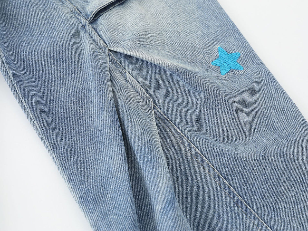 Pleated Dog Embroidery Detachable Dog Charm Wide Leg Denim Jeans WN26803