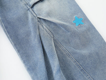 Pleated Dog Embroidery Detachable Dog Charm Wide Leg Denim Jeans WN26803