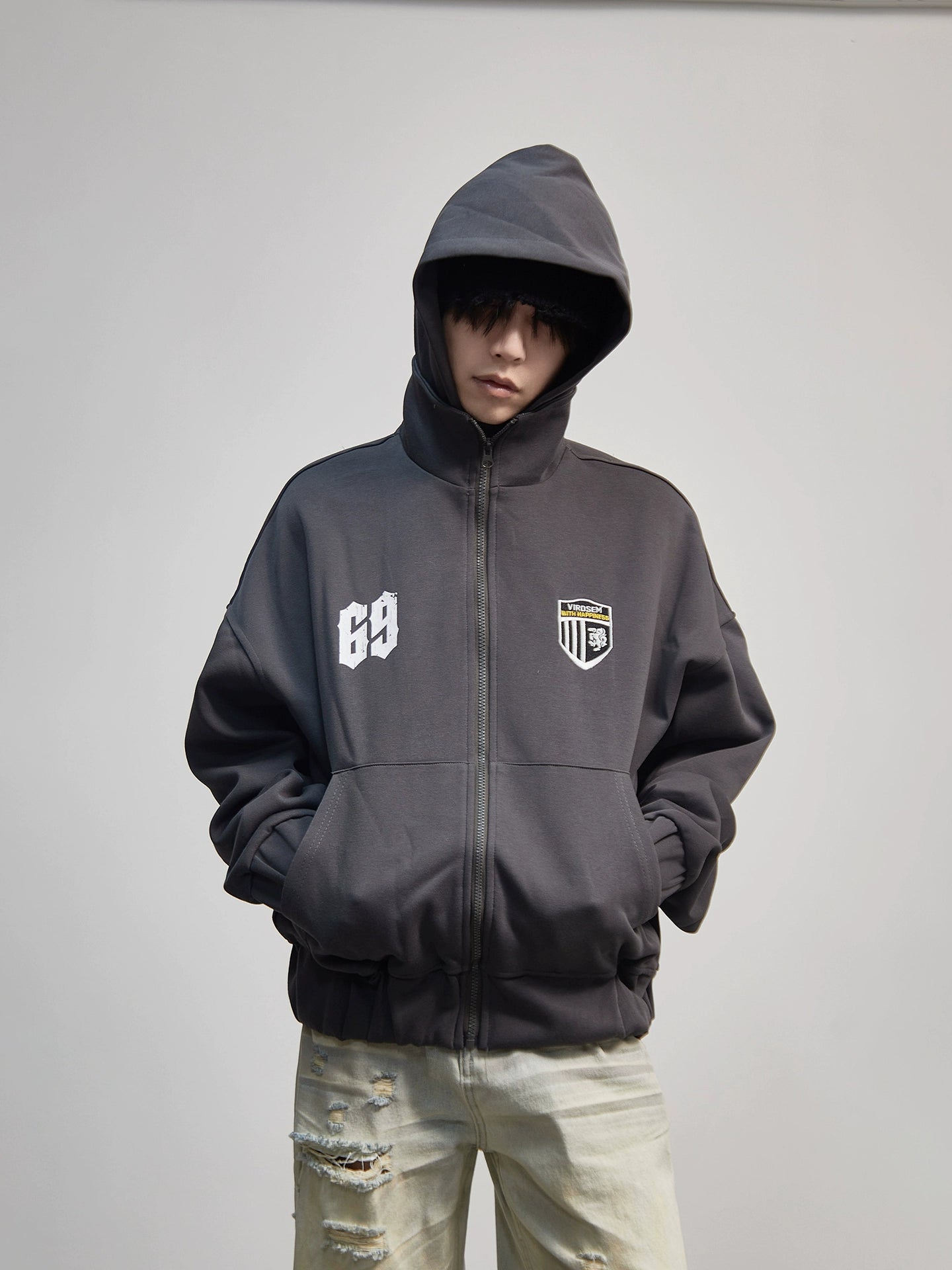 Letter Embroidery Print Zipper Hoodie WN21176