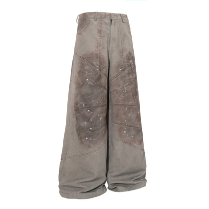 Washed Paint Studs Detail Wide Leg Pants WN25436