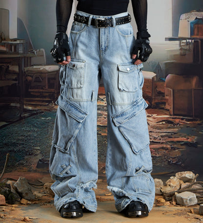 Deconstruction Multi-Pocket Washed Wide Leg Cargo Denim Jeans WN21333