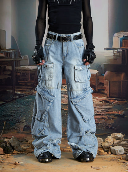 Deconstruction Multi-Pocket Washed Wide Leg Cargo Denim Jeans WN21333