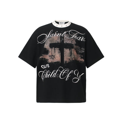 Waffle Graffiti Print Oversize Short Sleeve T-Shirt WN25933