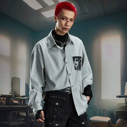 Print Stripe Damage Oversize Long Sleeve Shirt WN20560