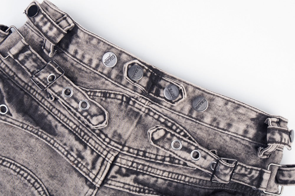 Double Waist Washed Panel Detail Wide Leg Denim Jeans WN27973