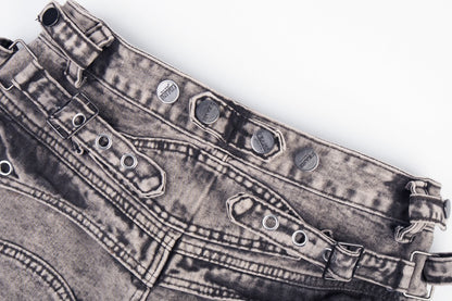 Double Waist Washed Panel Detail Wide Leg Denim Jeans WN27973