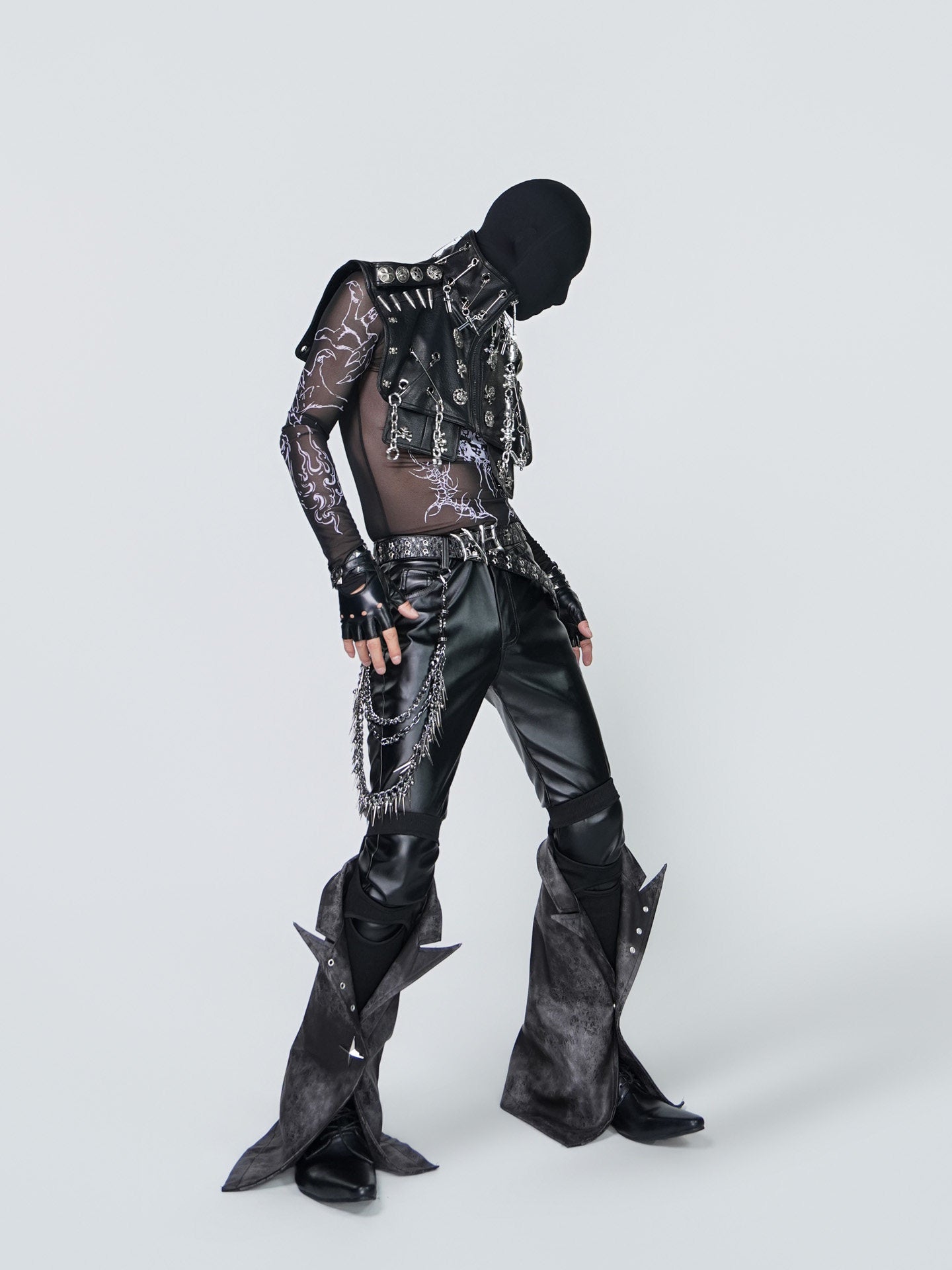 Layered Flare Panel PU Leather Straight Pants & Layered Chain Belt WN24310