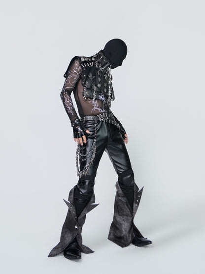Layered Flare Panel PU Leather Straight Pants & Layered Chain Belt WN24310