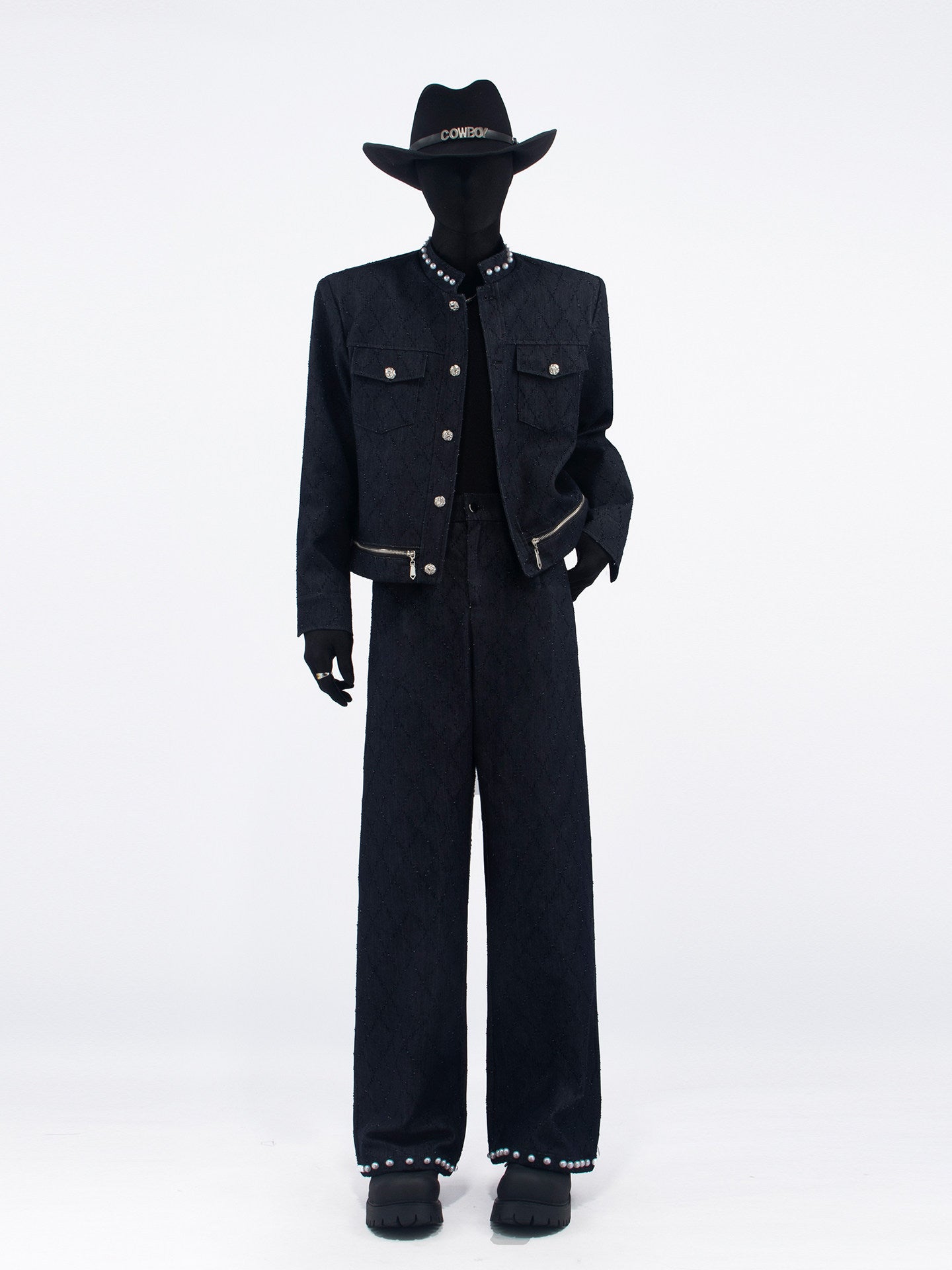 Pearl Decor Short Jacket & Pearl Decor Wide Leg Pants Setup WN23729