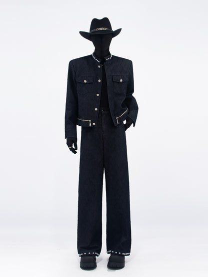 Pearl Decor Short Jacket & Pearl Decor Wide Leg Pants Setup WN23729