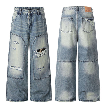 Washed Deconstruction Damage Wide Leg Denim Jeans WN25978