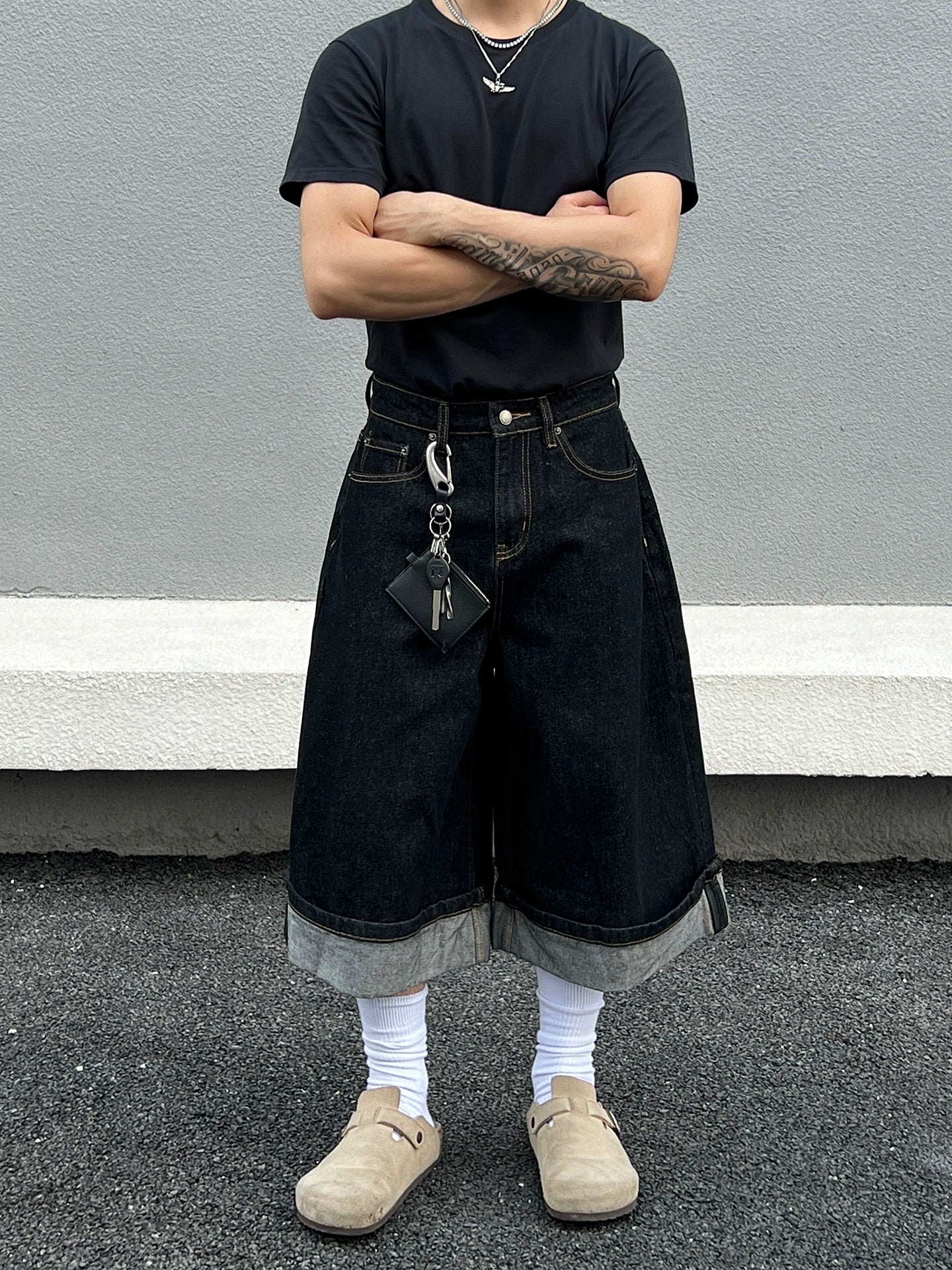 Cuffed Washed Wide Leg Denim Half Jeans WN19458