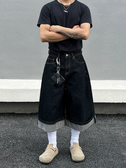 Cuffed Washed Wide Leg Denim Half Jeans WN19458