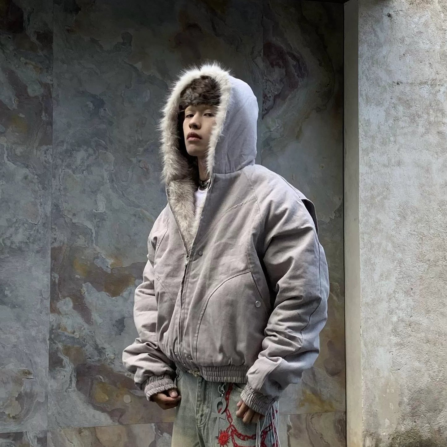 Hooded Fake Fur Canvas Padded Jacket WN22231