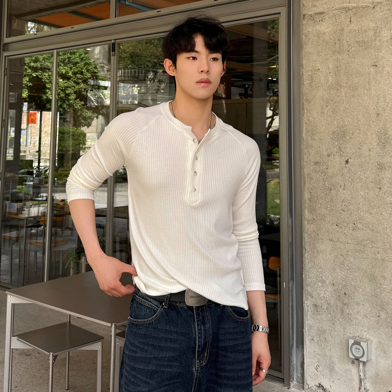 Rib Button Long Sleeve T-Shirt WN24952