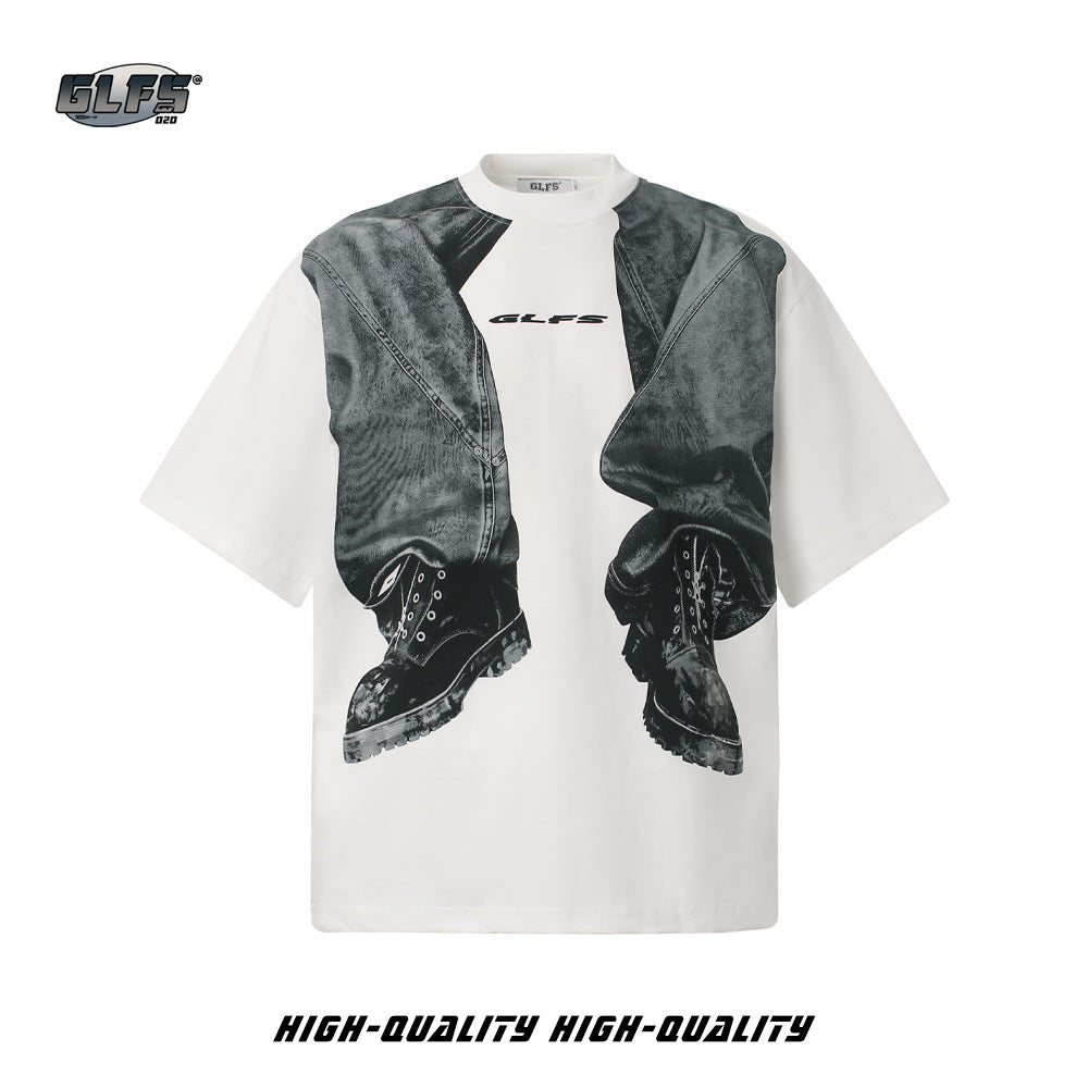 Denim Trompe-l'œil Print Cotton Short Sleeve T-Shirt WN26561