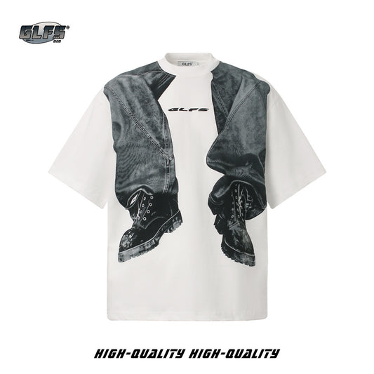 Denim Trompe-l'œil Print Cotton Short Sleeve T-Shirt WN26561