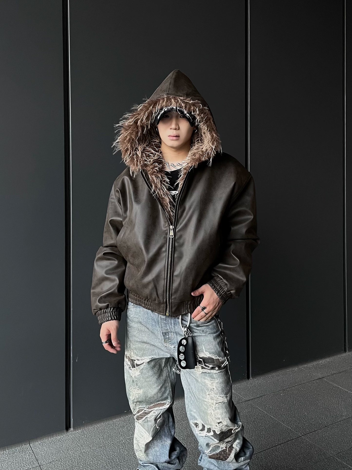 Fake Fur Hooded Oversize PU Leather Jacket WN10863