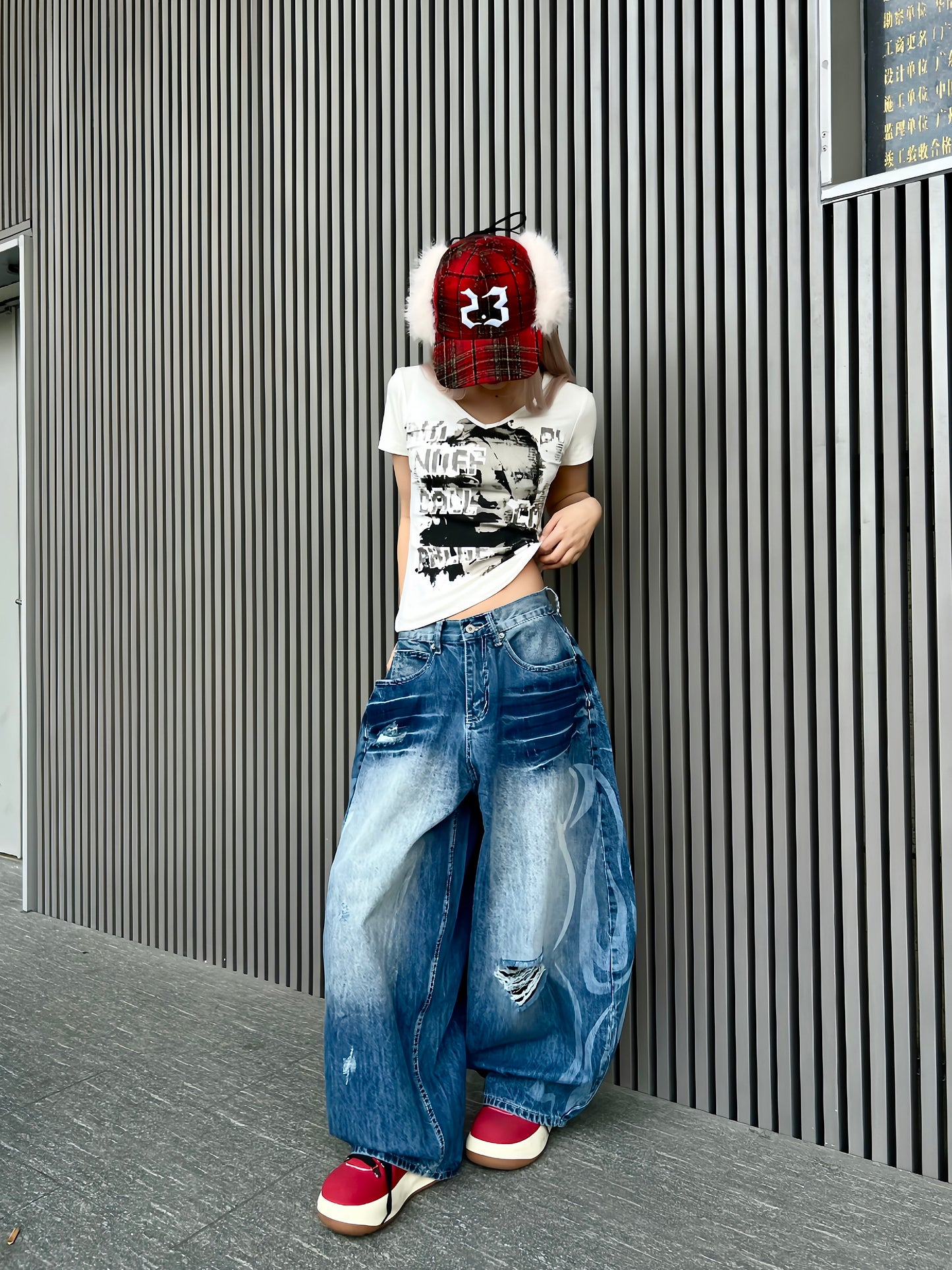 Wash Damege Baggy Denim Jeans WN24164
