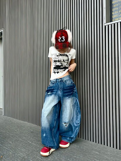 Wash Damege Baggy Denim Jeans WN24164