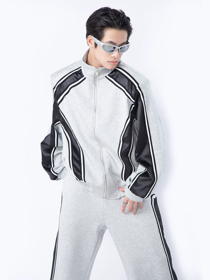 Contrast Color Oversize Zipper Jacket & Sporty Sweatpatns Setup WN9367