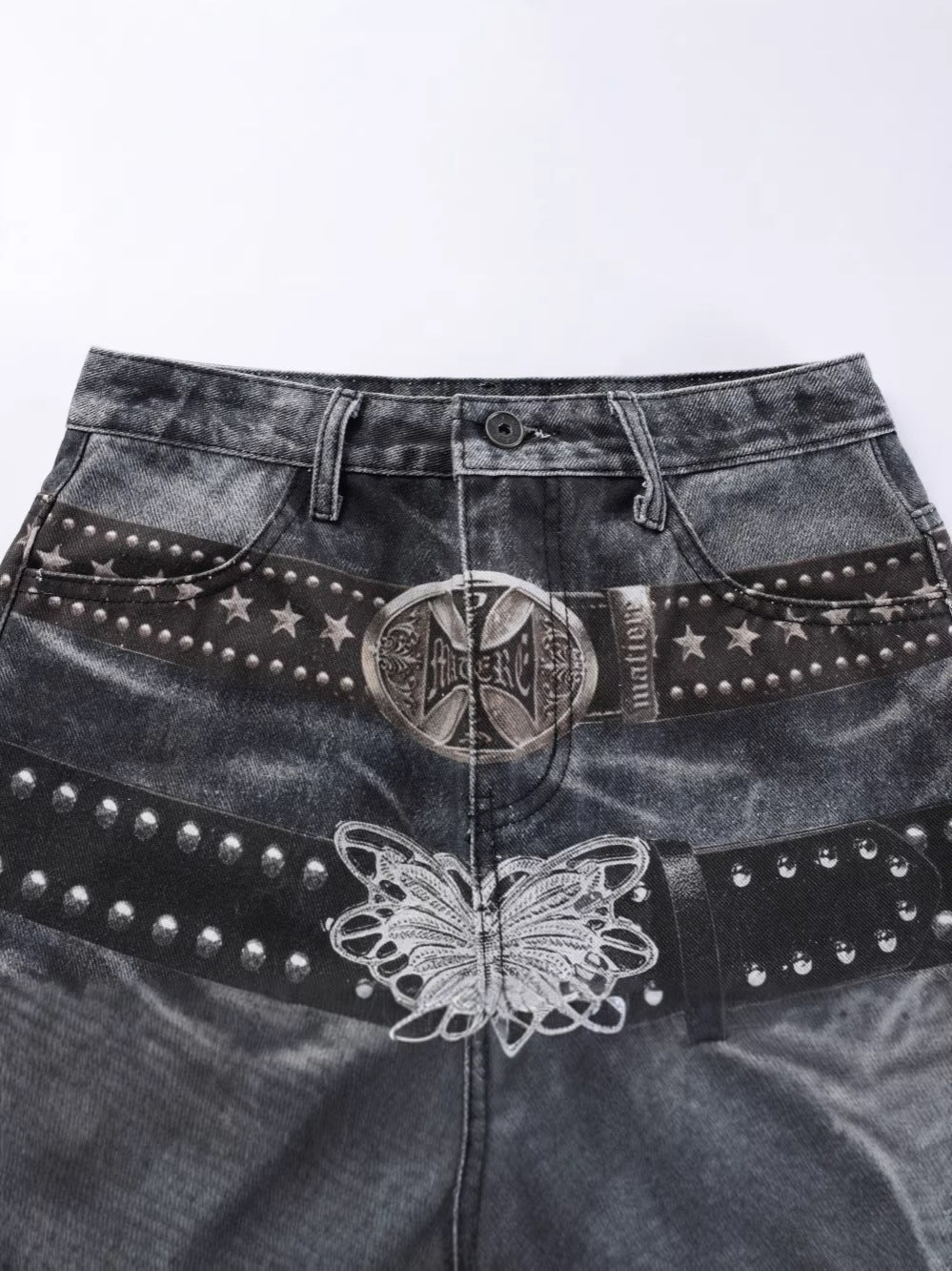 Studs Detail Washed Wide Leg Denim Jeans WN28036