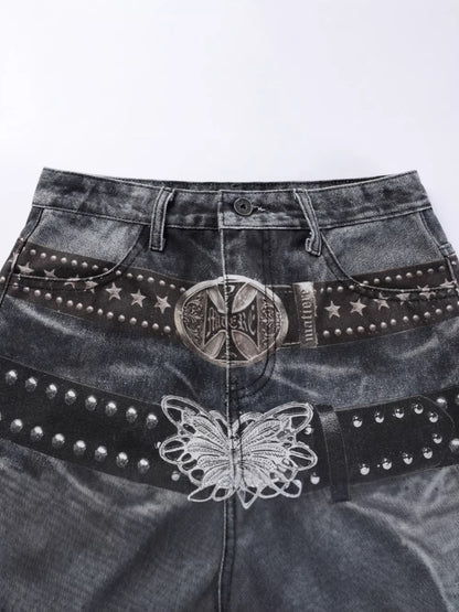 Studs Detail Washed Wide Leg Denim Jeans WN28036