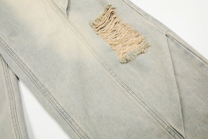 Washed Damage Curved Wide Leg Denim Jeans WN25912