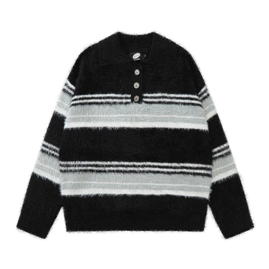 Stripe Polo Collar Mohair Knit Sweater WN11181