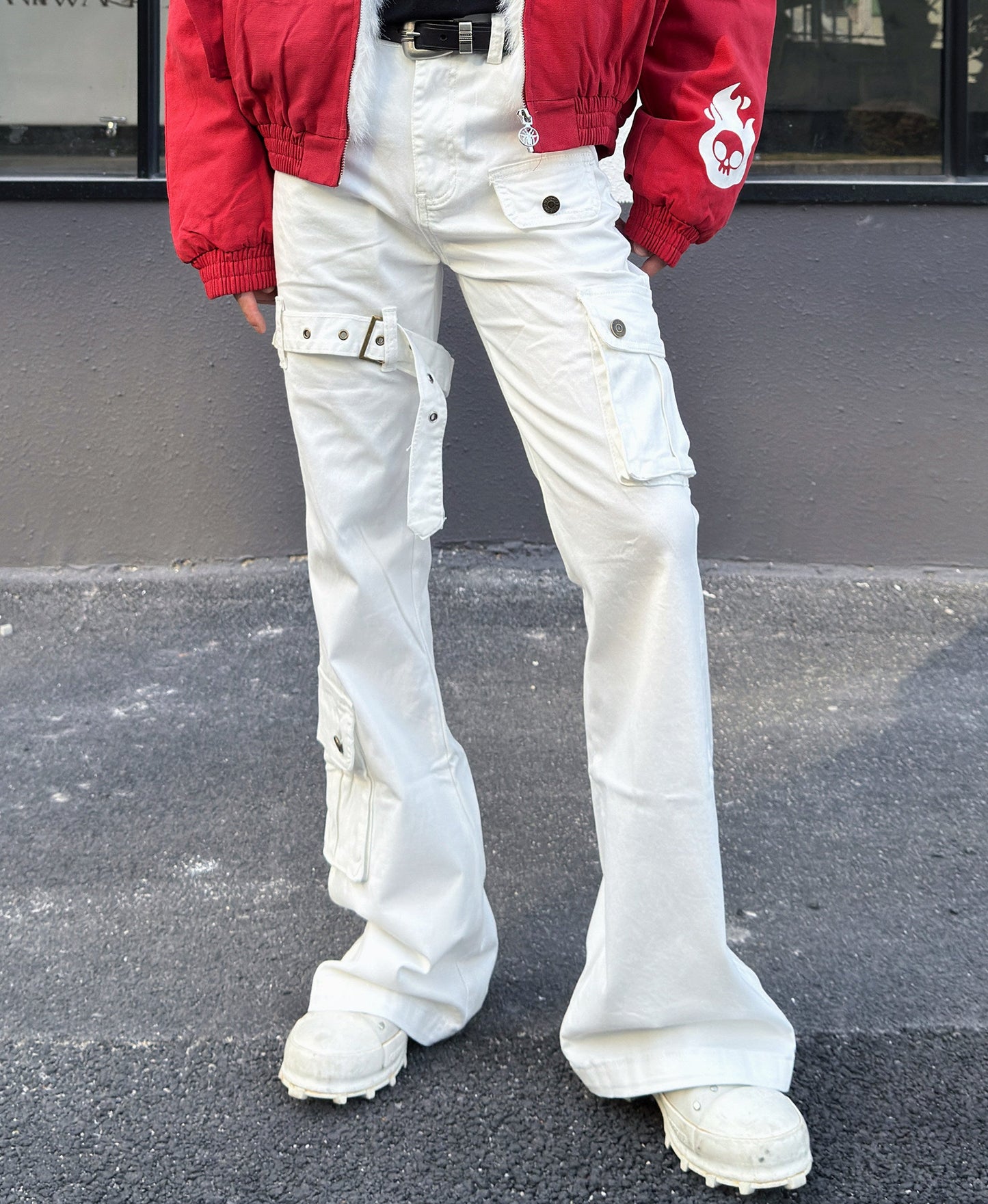 Metal Strap Pleats Multi-Pocket Slim Straight Cargo Pants WN23016