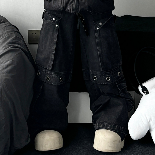 Multi Pocket Eyelet Wide Leg Cargo Denim Jeans WN24168