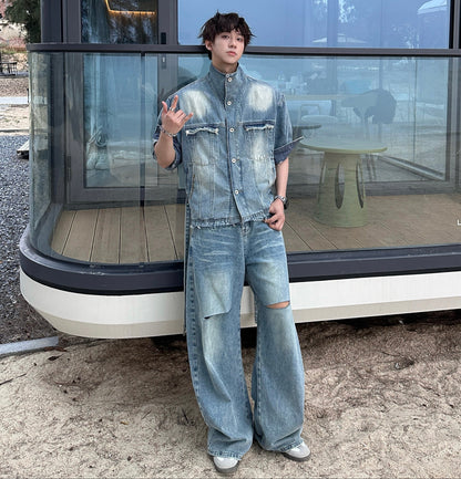 Fade Damage Short Denim Jacket & Damage Wide Leg Denim Jeans Setup WN25335