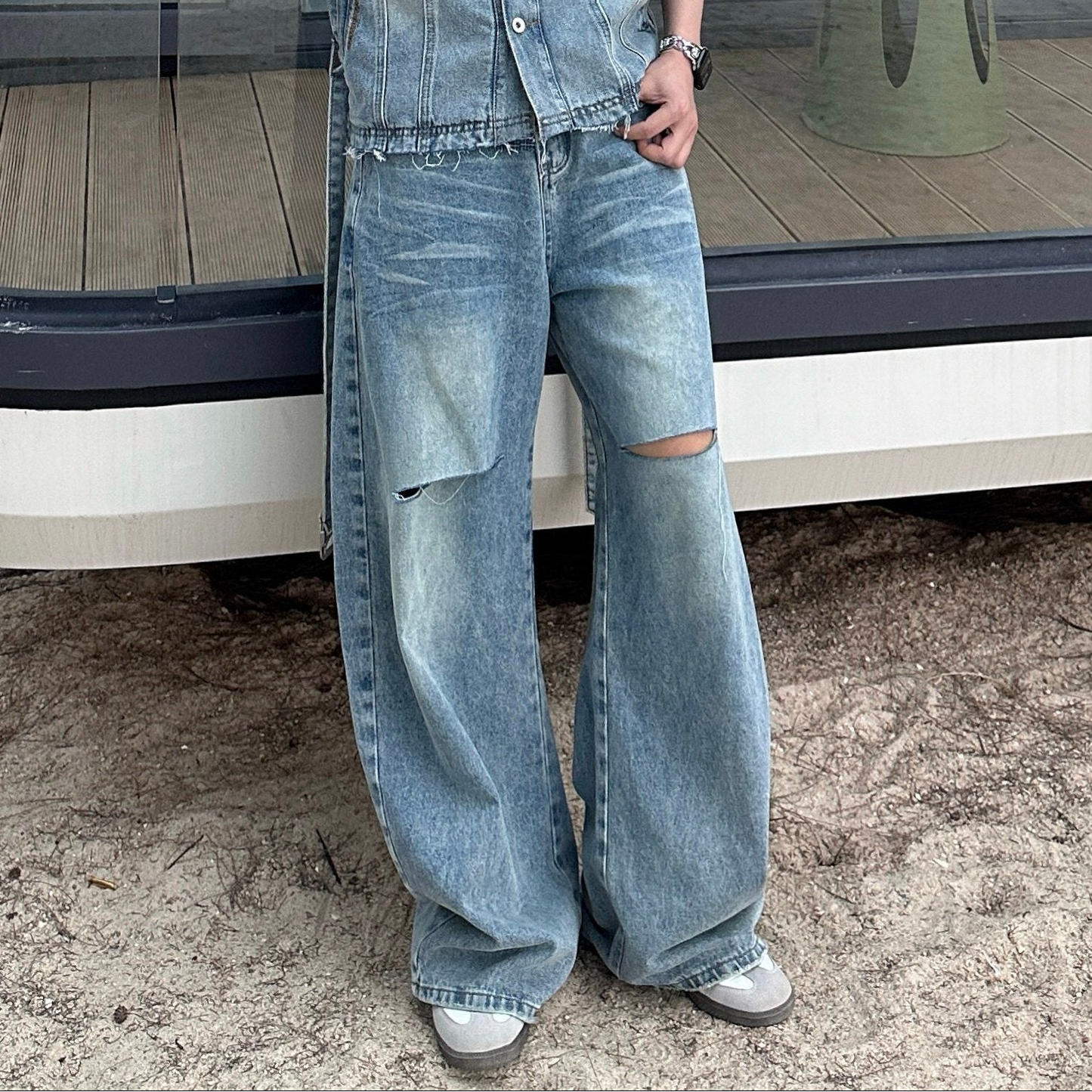 Fade Damage Short Denim Jacket & Damage Wide Leg Denim Jeans Setup WN25335