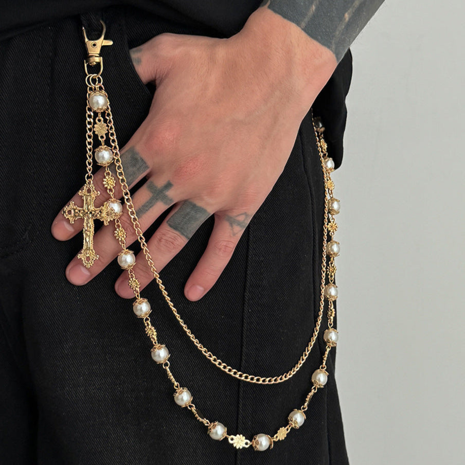 Pearl Beads Flower Cross Pants Chain WN21062