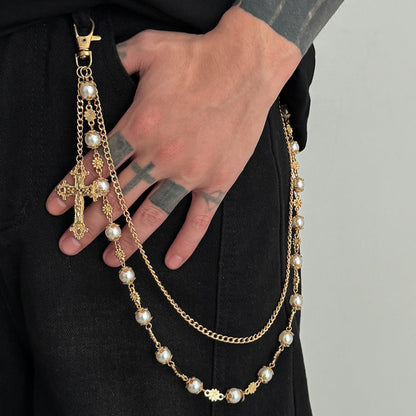 Pearl Beads Flower Cross Pants Chain WN21062